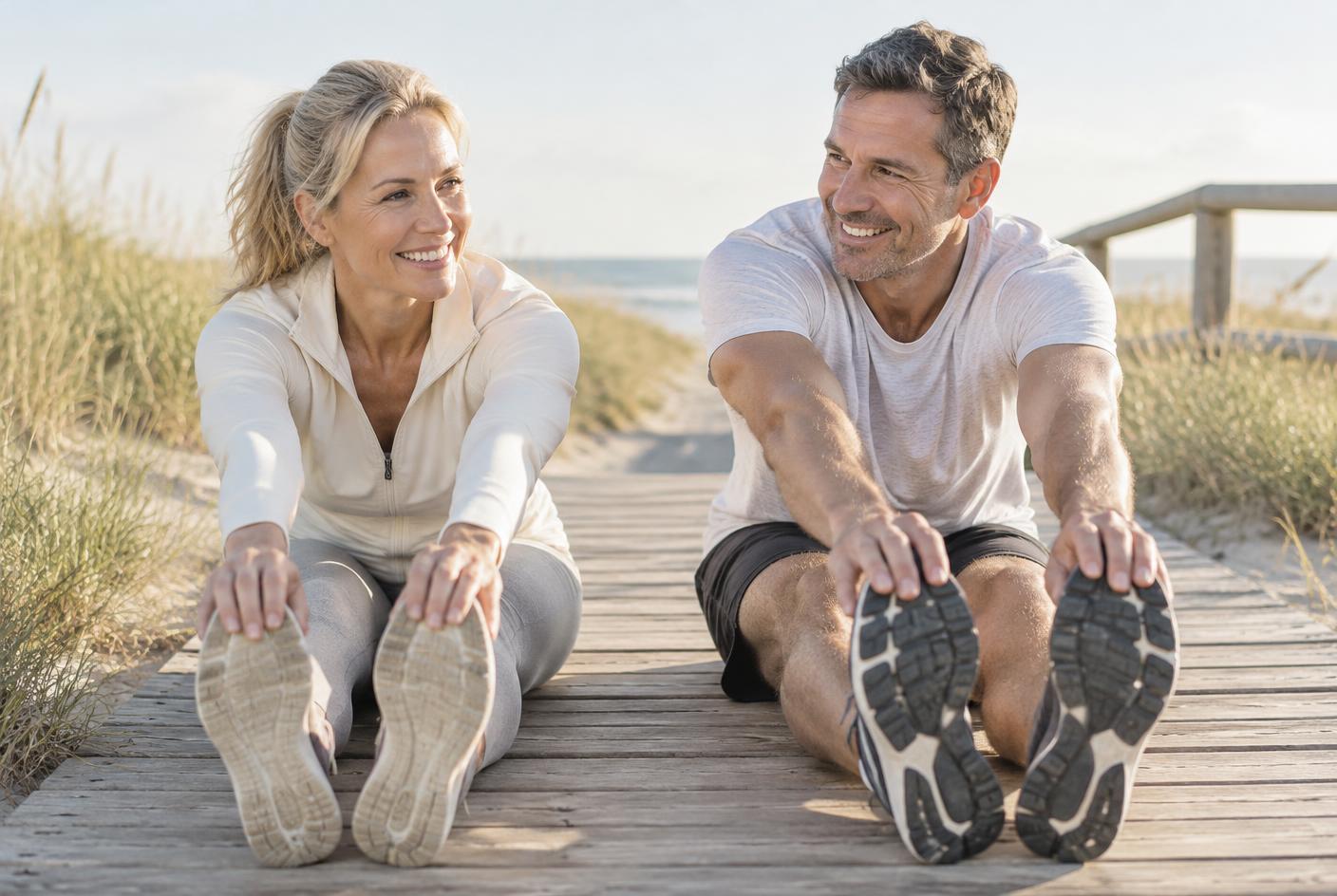 Man and woman in their forties stretching outdoors on a deck